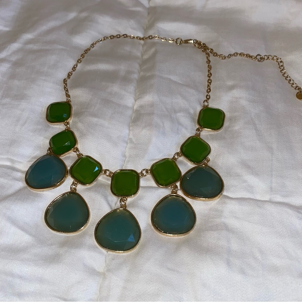 Talbots Emerald Green and Aqua Blue Stones with Gold Accents Statement Necklace